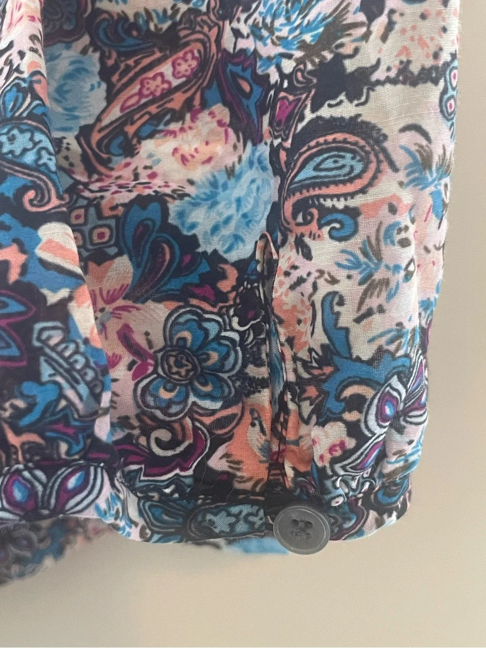 J Crew Ruffle Top Sz M Long Sleeve Blue Pink Paisley Floral Cotton Silk Bohemian